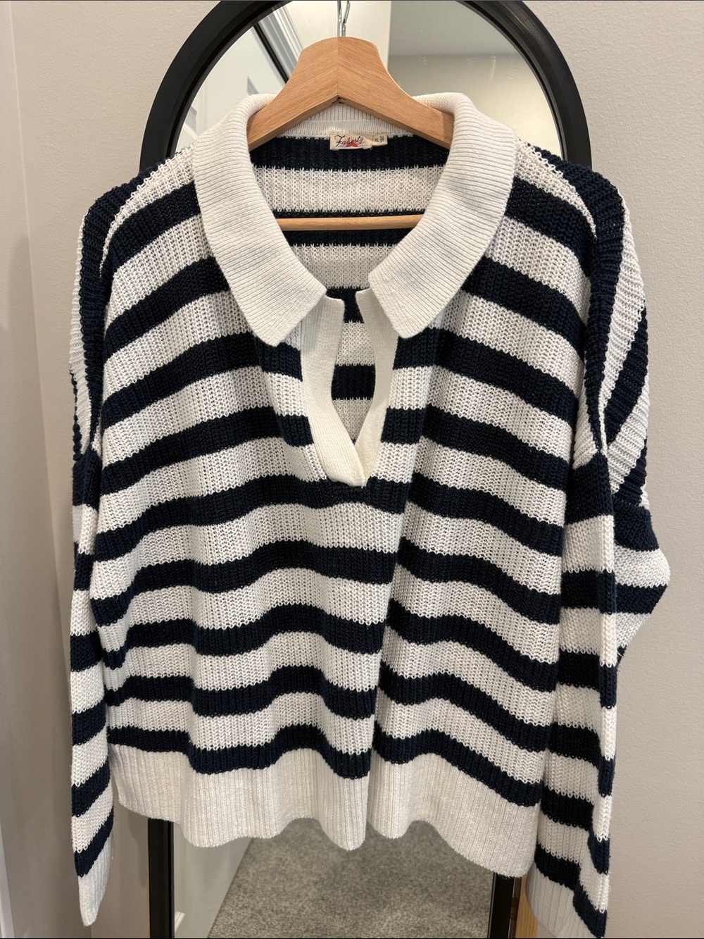 Faherty Miramar Navy & White Striped V‑Neck Collared Sweater